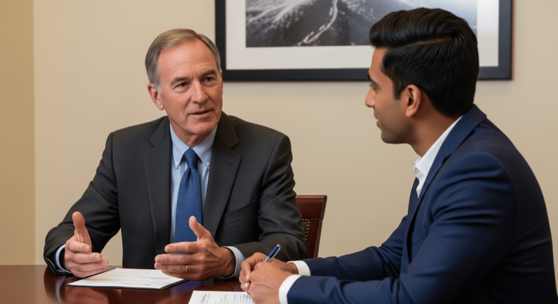 Senior financial advisor and client reviewing documents in a private advisory meeting